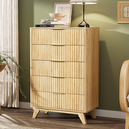 VINGLI Fluted Tall Dresser 5 Drawer, 23.66" W Chest of Drawers, Walnut Wood Dresser for Bedroom Mid Century Modern with Rounded Edge, 23.66" W*15.59" D*44.88" H