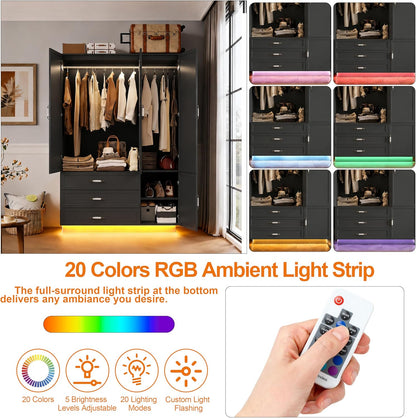 72" Wooden Armoire Wardrobe Closet with 3 Door Black Bedroom Armoire with LED Light 3 Drawers Large Modern Wardrobe Cabinet with Retro Ceramic Door Handles and Removable Hanging Rod