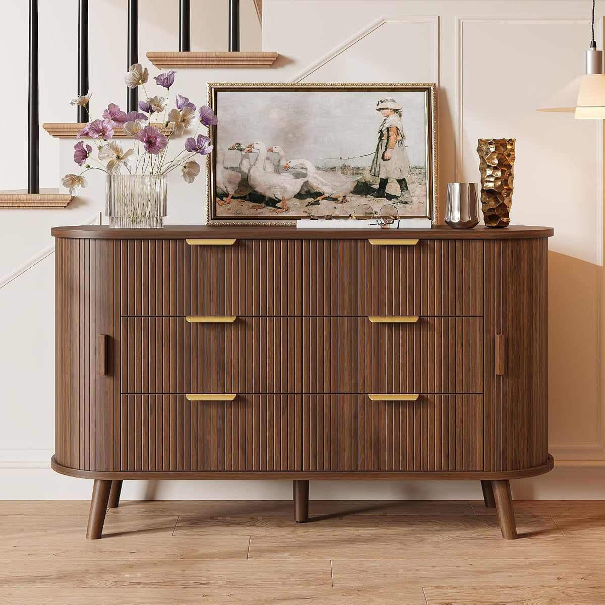 Decofy Fluted 6 Drawer Dresser, 55" Mid Century Modern Chest of Drawers