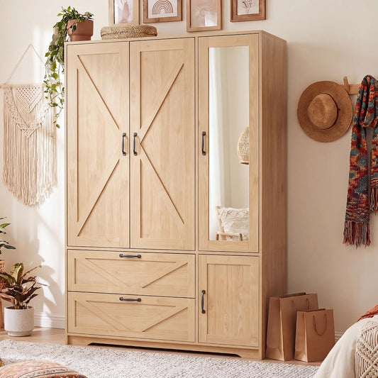 71" Wooden Armoire Wardrobe Closet with Doors and Drawers, Natural