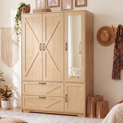 71" Wooden Armoire Wardrobe Closet with Doors and Drawers, Natural