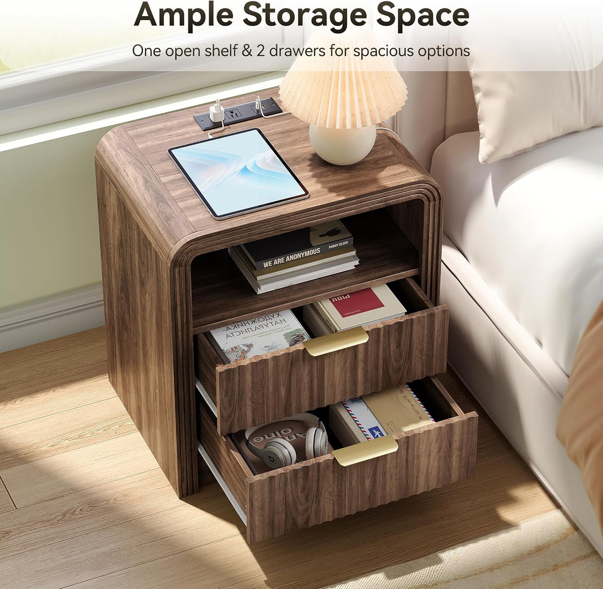 Decofy Fluted Nightstand Set of 2 with Charging Station, 2 Drawers, Walnut