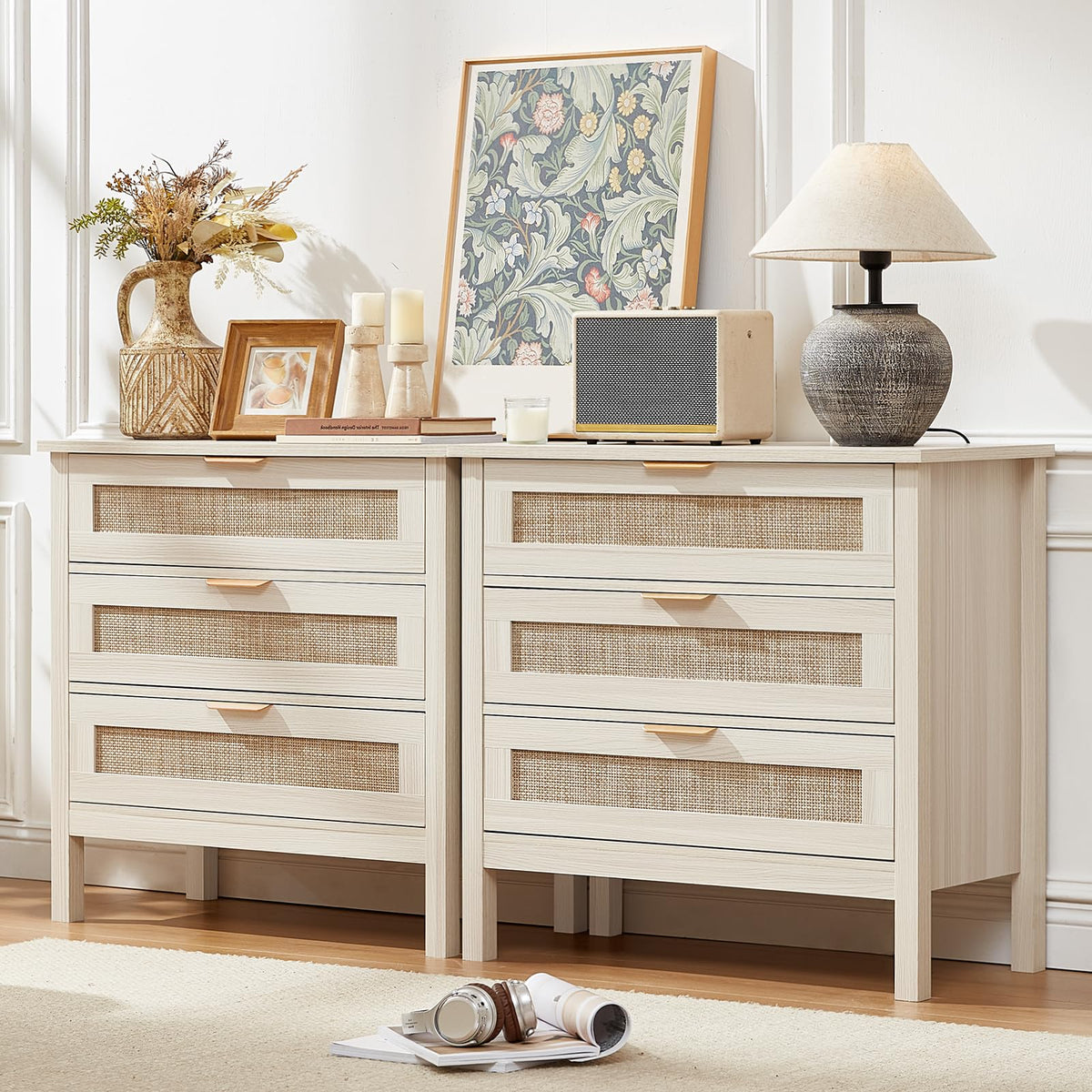 LEYAOYAO 26.8" Wide Rattan Nightstand, Large Boho 3 Drawer Night Stand