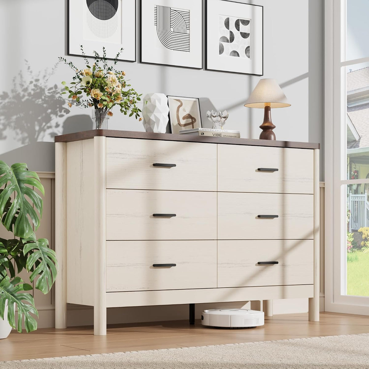 Garvee 6 Drawer Dresser, Wooden Storage Chest of Drawers, White & Brown