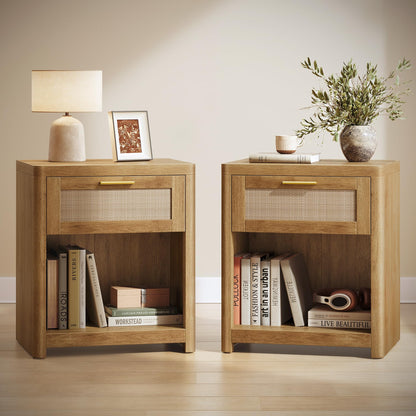VASAGLE Set of 2 Boho Nightstands with Rattan-Look Drawer