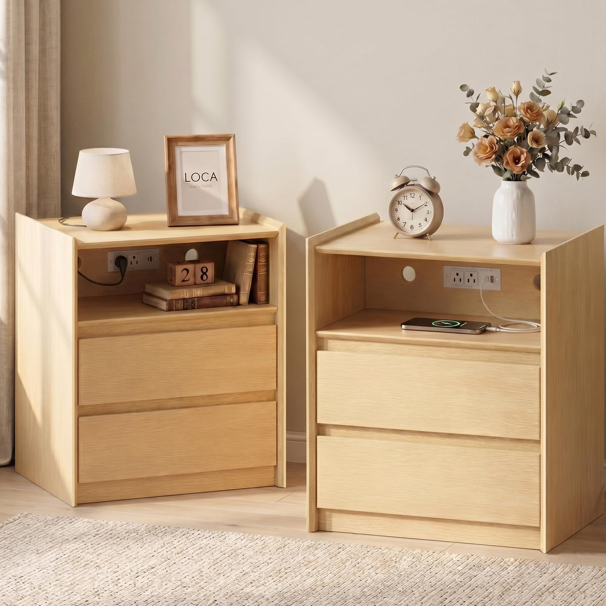 Black Nightstand with Charging Station, 24"H, 2 Drawers & Shelf