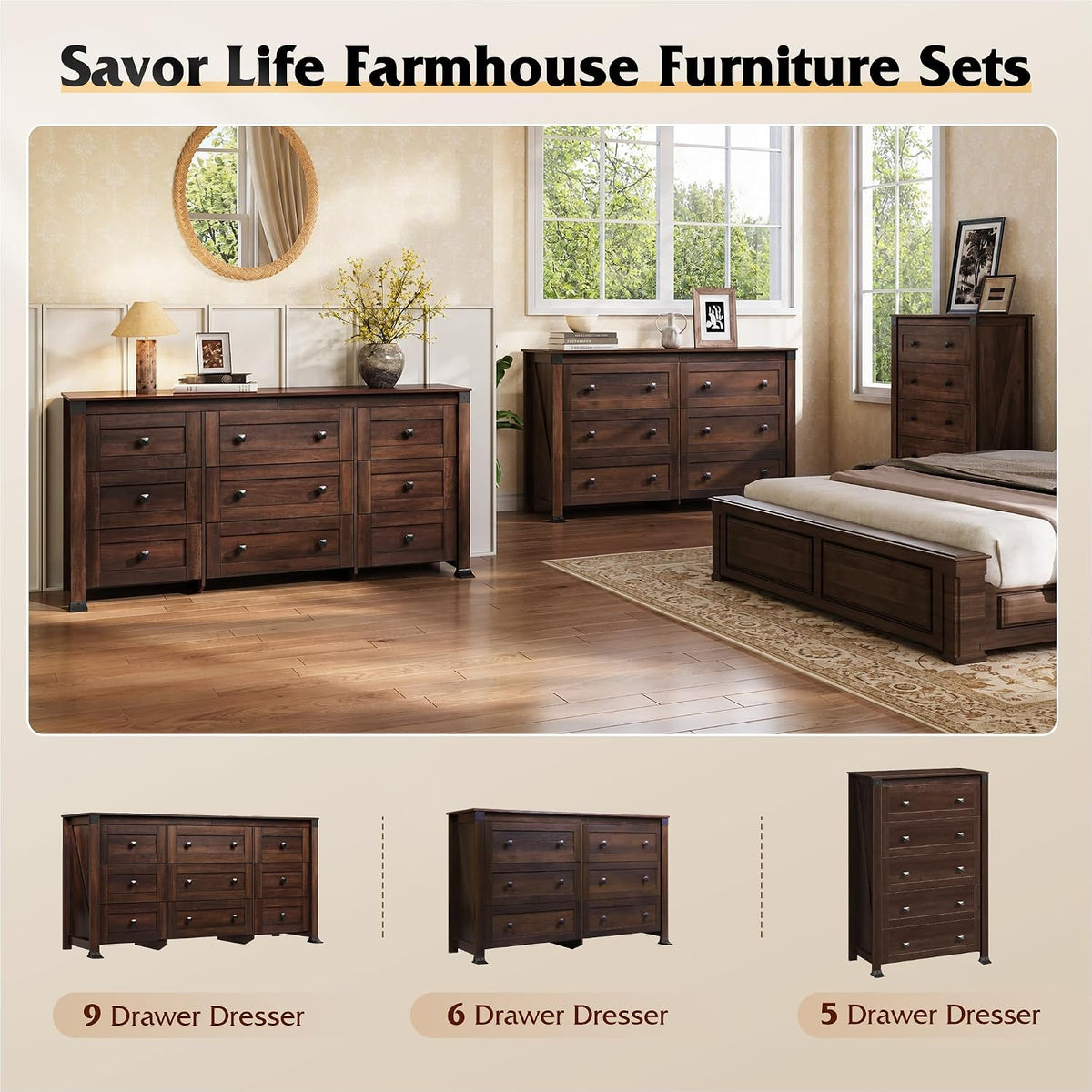 WLIVE Brown Dresser for Bedroom, 9 Drawer Wooden Chest of Drawers with SGS-Tested Anti-Tip Design, 62 Inch Wide Rustic Dresser TV Stand for Living Room, Hallway and Closet, Large Storage Cabinet