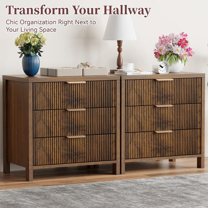 Fluted Nightstands Set of 2, 23.7'' Wide Night Stand with 3 Drawers, Mid-Century Modern Bedside Table with Handles, Wood End Table for Bedroom, Walnut