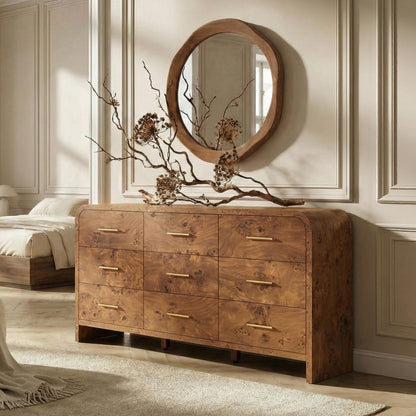 Curved 9-Drawer Dresser for Bedroom, 63" Wide Modern Chest of Drawers, Vanity Desk TV Stand for Living Room, Closet Storage Drawers Organizer Furniture, Nursery, Hallway, Dark Burl