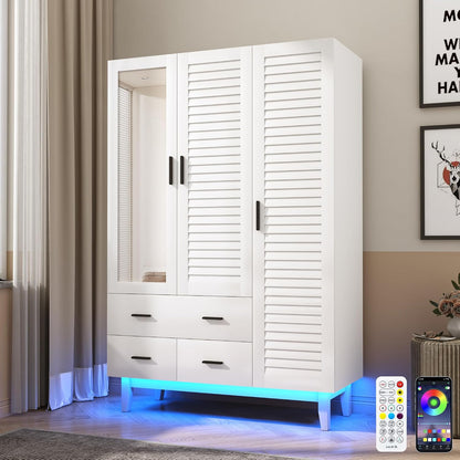 Hlivelood 3 Door Armoire Wardrobe Closet Cabinet with Drawers and LED Lights, Multi-Tier Shelves, Hanging Rod & 3 Louver Doors, Large Capacity Storage Wardrobe Armoire for Bedroom, White