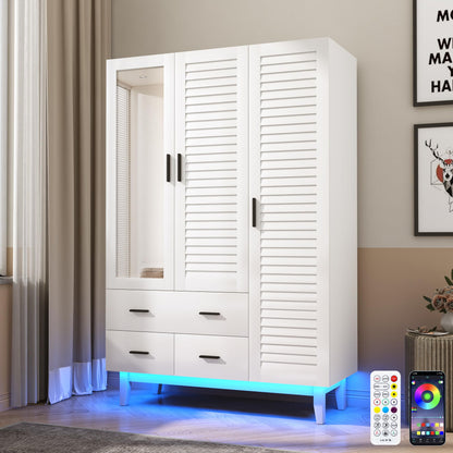 Hlivelood 3 Door Armoire Wardrobe Closet Cabinet with Drawers and LED Lights, Multi-Tier Shelves, Hanging Rod & 3 Louver Doors, Large Capacity Storage Wardrobe Armoire for Bedroom, White