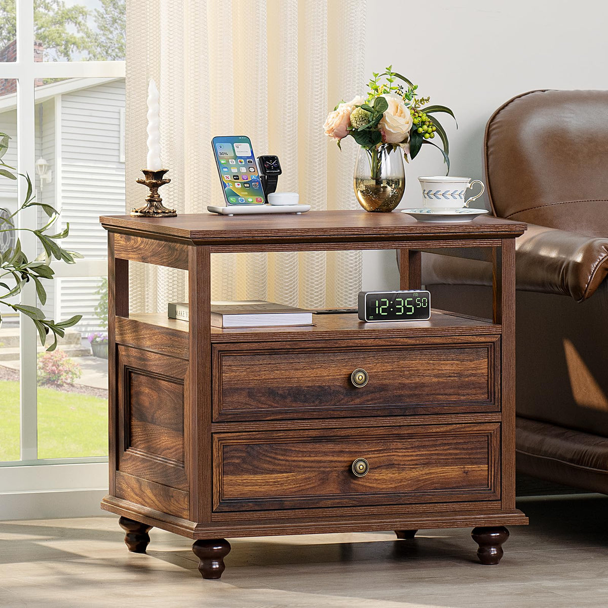 Joaxswe 24" Wide Farmhouse Night Stand Set of 2,Large End Table with 3 Drawers & Metal Handle,Wood Dresser for Bedroom,Bed Side Table Chest of Drawers Cabinet,Natural Nightstand for Living Room,Closet