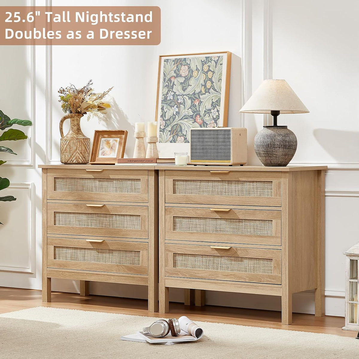 LEYAOYAO 26.8" Wide Rattan Nightstand, Large Boho 3 Drawer Night Stand