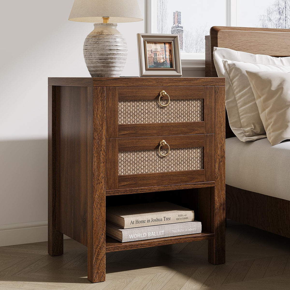 Rattan Nightstand with Charging Station - Boho Night Stand with 2 Drawers