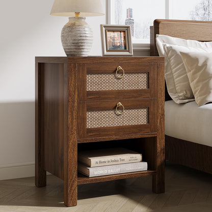 Rattan Nightstand with Charging Station - Boho Night Stand with 2 Drawers