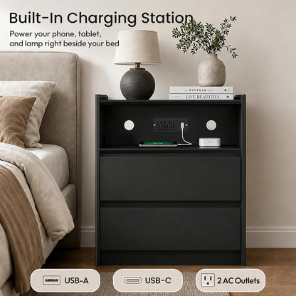 Black Nightstand with Charging Station, 24"H, 2 Drawers & Shelf