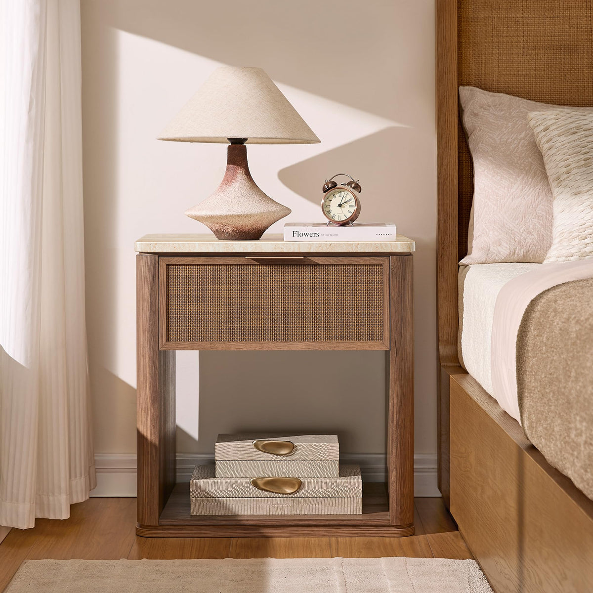 Night Stand Set 2, Rattan Nightstand with 2 Drawers