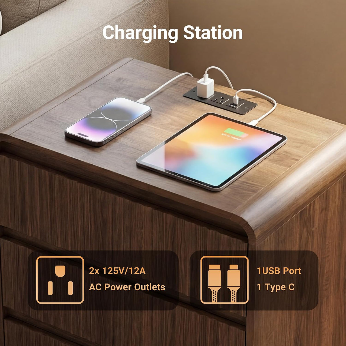 Seang Nightstand Set of 2,Fluted Nightstand with Charging Station,Wooden Bedside Table with Curved Profile Design,3 Drawers Storage,Large End Table for Bedroom,Walnut.