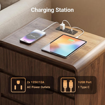 Seang Nightstand Set of 2,Fluted Nightstand with Charging Station,Wooden Bedside Table with Curved Profile Design,3 Drawers Storage,Large End Table for Bedroom,Walnut.