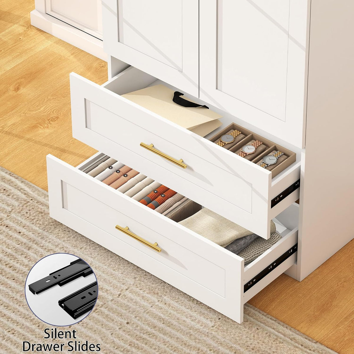 White Wardrobe Closet with 4 Drawers and 4 Doors, 75" H x 63" W