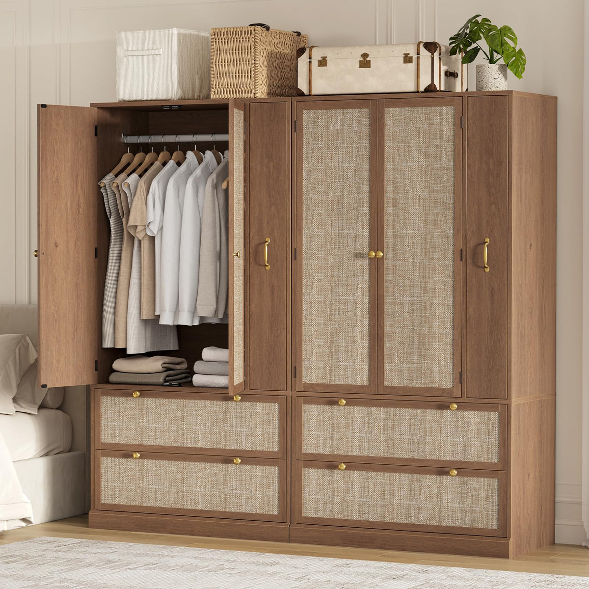 Rattan Wooden Armoire Wardrobe Closet with Pull-Out Side Storage