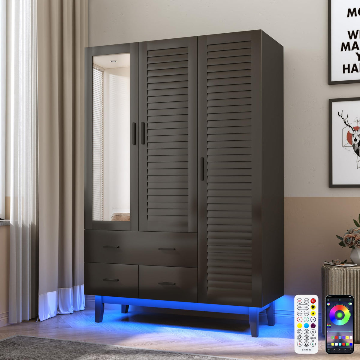 Hlivelood 3 Door Armoire Wardrobe Closet Cabinet with Drawers and LED Lights, Multi-Tier Shelves, Hanging Rod & 3 Louver Doors, Large Capacity Storage Wardrobe Armoire for Bedroom, White