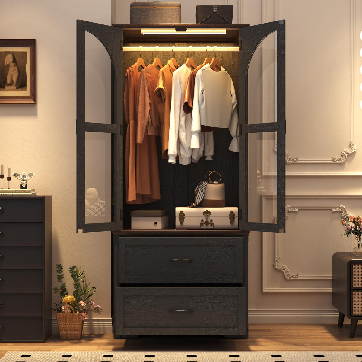 Tall Farmhouse 2 Doors Armoire Wardrobe Closet with LED ,72" Freestanding Arched Wardrobe Closet Cabinet for Bedroom w Glass Doors,Wooden Clothing Storage Cabinet,Closets for Bedroom(Black)