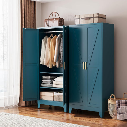 COFaR Armoire Wardrobe Closet, 71" Convertible 2-in-1 Metal Cabinet with Adjustable Rod & Shelves, Freestanding Hanging & Storage Organizer (Peacock Blue)