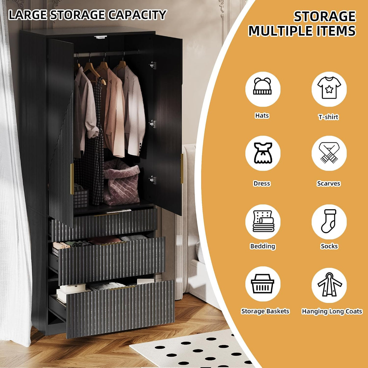 TOKSOM 70" Wardrobe Armoire Wooden Closet with 2 Doors and 3 Drawers, Bedroom Armoire with Hanging Rod Shelf, Large Capacity Storage Wardrobe Armoire, Freestanding Wooden Closet Storage Cabinet Black