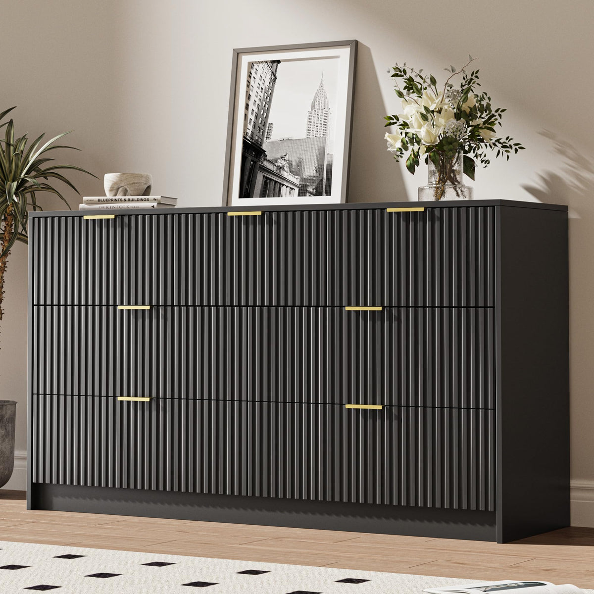 MAISONARIA 55" Wide Fluted 6-Drawer Double Dresser for Bedroom, Black