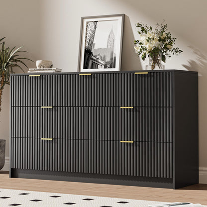 MAISONARIA 55" Wide Fluted 6-Drawer Double Dresser for Bedroom, Black