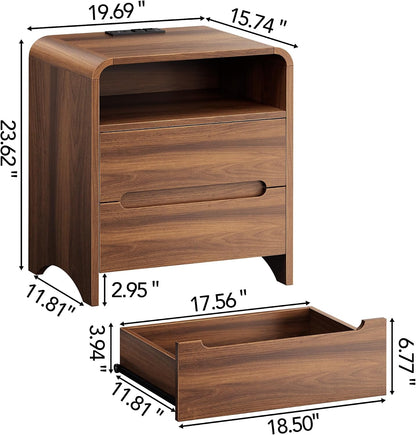 Decofy Nightstand Set of 2 with Charging Station & 2 Hidden Drawers, Walnut