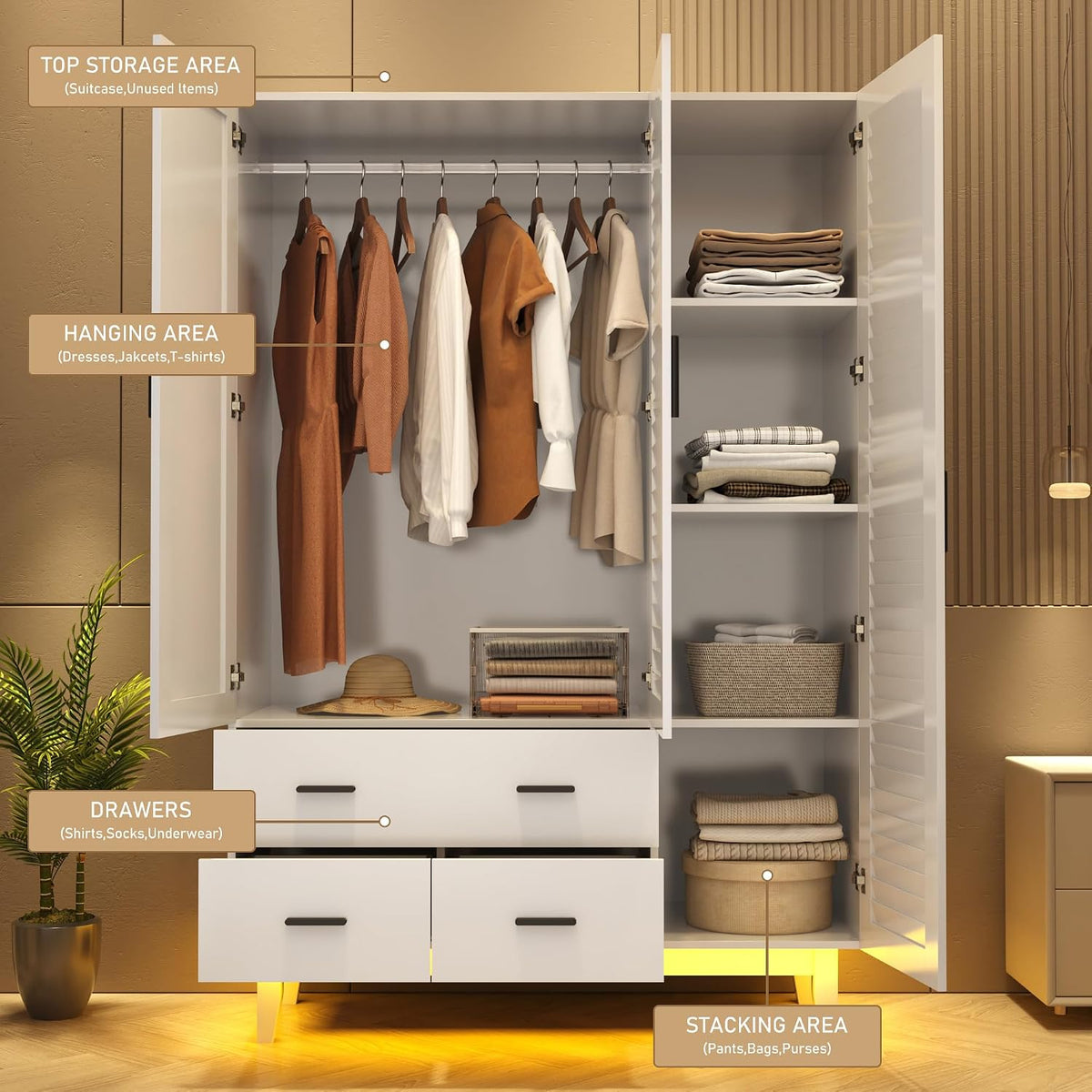 Hlivelood 3 Door Armoire Wardrobe Closet Cabinet with Drawers and LED Lights, Multi-Tier Shelves, Hanging Rod & 3 Louver Doors, Large Capacity Storage Wardrobe Armoire for Bedroom, White