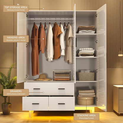 Hlivelood 3 Door Armoire Wardrobe Closet Cabinet with Drawers and LED Lights, Multi-Tier Shelves, Hanging Rod & 3 Louver Doors, Large Capacity Storage Wardrobe Armoire for Bedroom, White