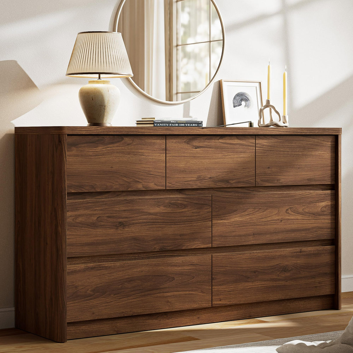 Walnut Dresser for Bedroom, 5 Drawer Dresser with Wood Legs, 47.2" Tall Wood Dresser, Mid Century Modern Chest of Drawers, Large Storage Bedroom Furniture, Walnut
