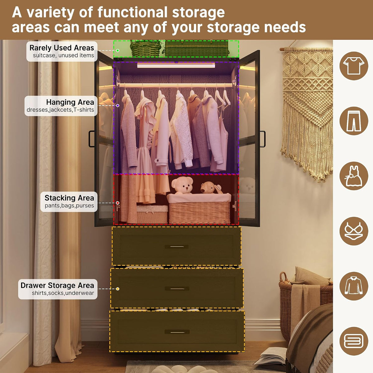 75" Tall Farmhouse 2 Doors Armoire Wardrobe Closet with 3 Drawers and LED,Freestanding Closet Wardrobe Cabinet for Bedroom with Hanging Rod,Wooden Armoire Storage Cabinet with Adjustable shelve(Black)