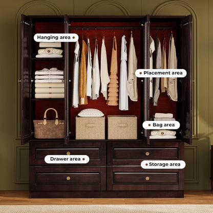 Solid Wood Armoire Wardrobe Closet: 70.87"Large Storage Brown Black