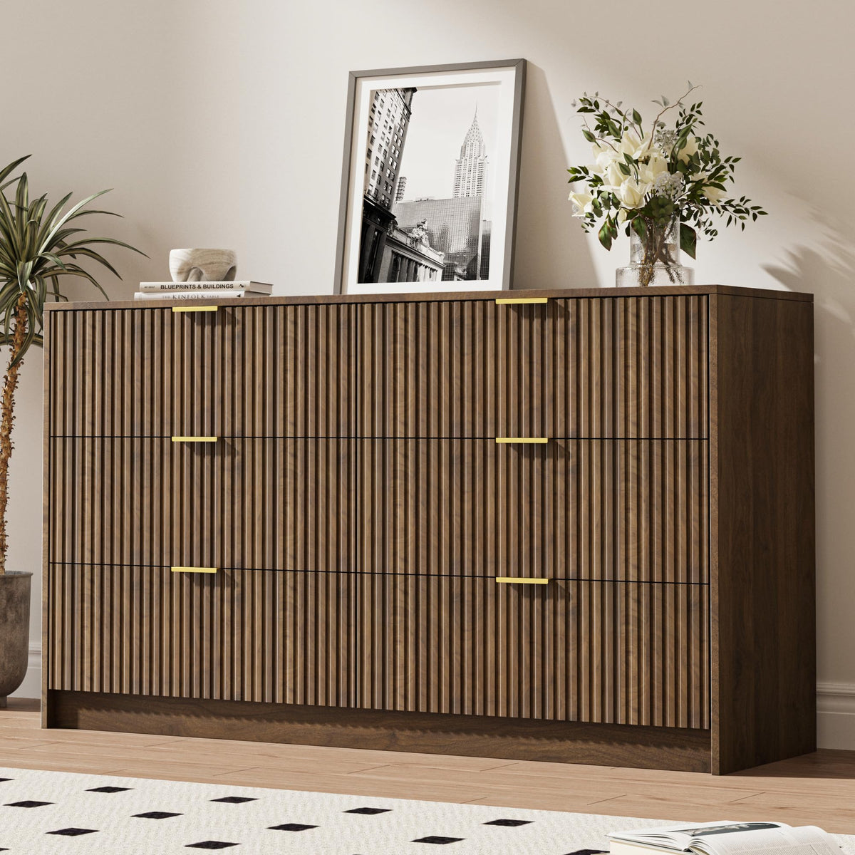 MAISONARIA 55" Wide Fluted 6-Drawer Double Dresser for Bedroom, Black