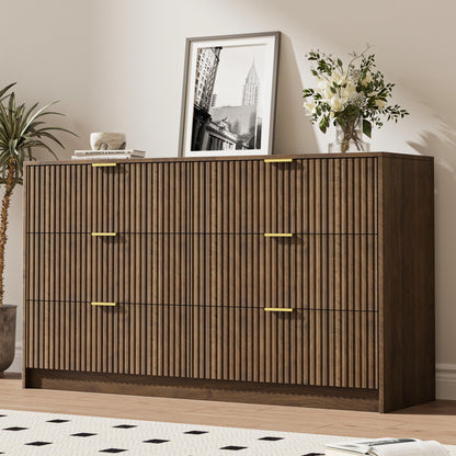 MAISONARIA 55" Wide Fluted 6-Drawer Double Dresser for Bedroom, Black