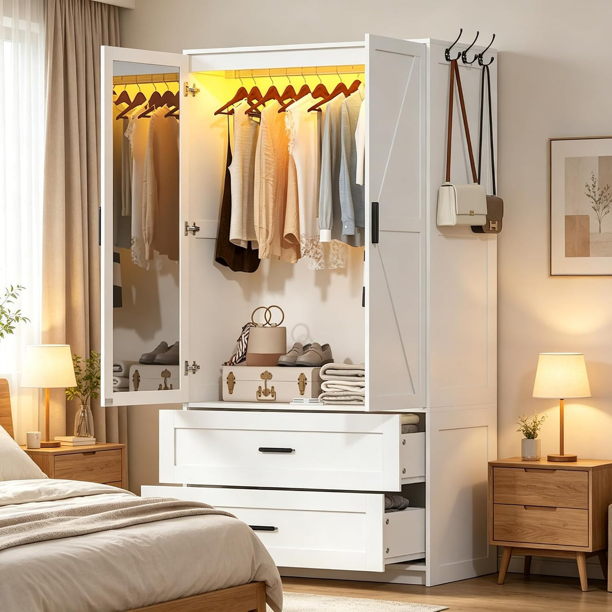 VVFLU 2 Doors Armoire Wardrobe with Mirror Motion Sensor LED Lights Wooden Bedroom Armoire with Removable Hanging Rod. Large Modern White Closet Equipped with 2 Drawers.