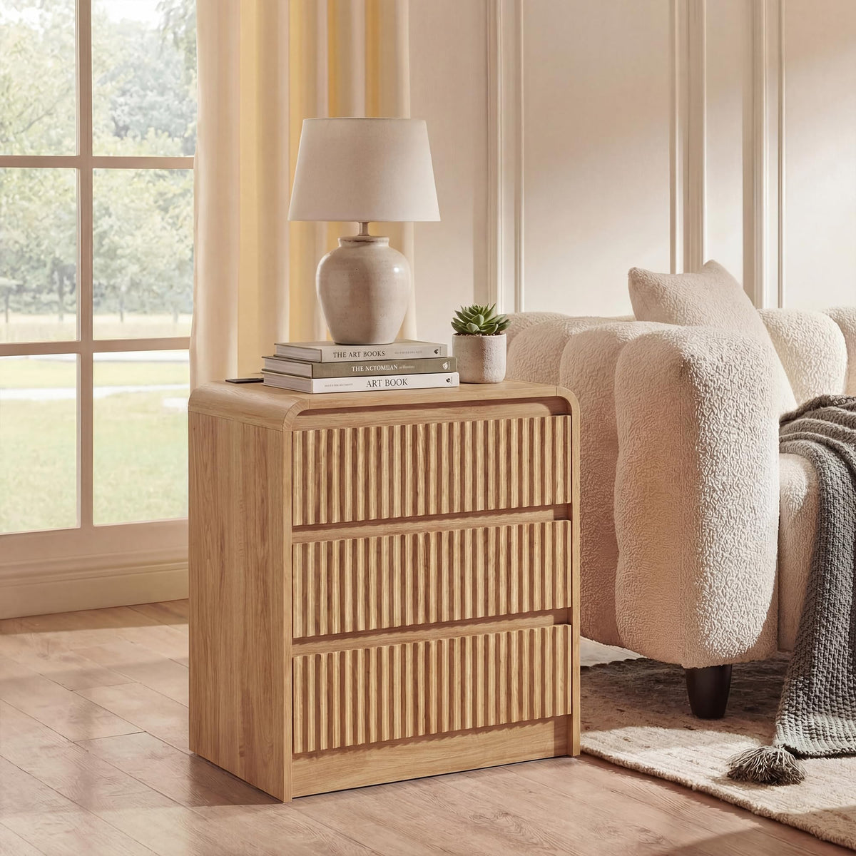 Seang Nightstand Set of 2,Fluted Nightstand with Charging Station,Wooden Bedside Table with Curved Profile Design,3 Drawers Storage,Large End Table for Bedroom,Walnut.