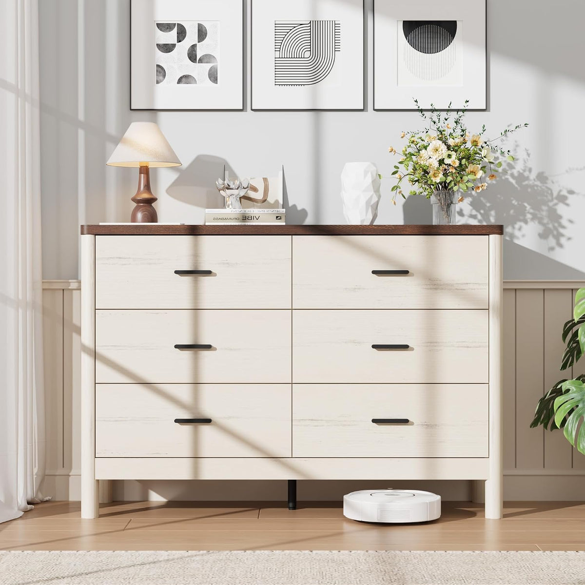Garvee 6 Drawer Dresser, Wooden Storage Chest of Drawers, White & Brown