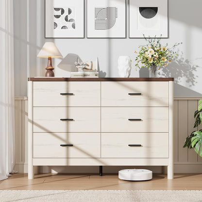 Garvee 6 Drawer Dresser, Wooden Storage Chest of Drawers, White & Brown