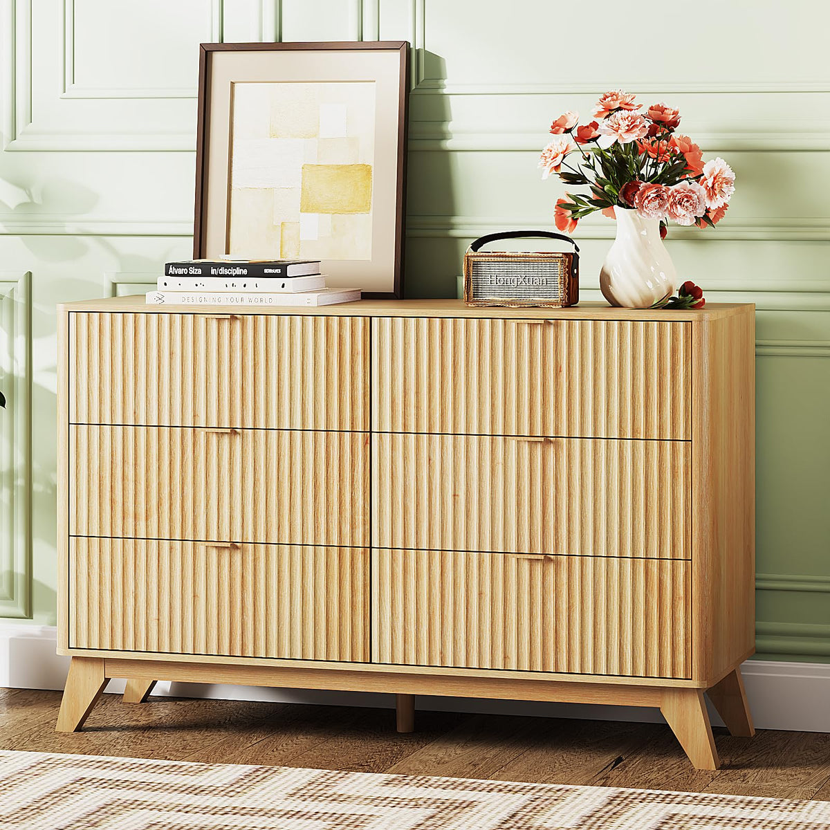 VINGLI Fluted Tall Dresser 5 Drawer, 23.66" W Chest of Drawers, Walnut Wood Dresser for Bedroom Mid Century Modern with Rounded Edge, 23.66" W*15.59" D*44.88" H