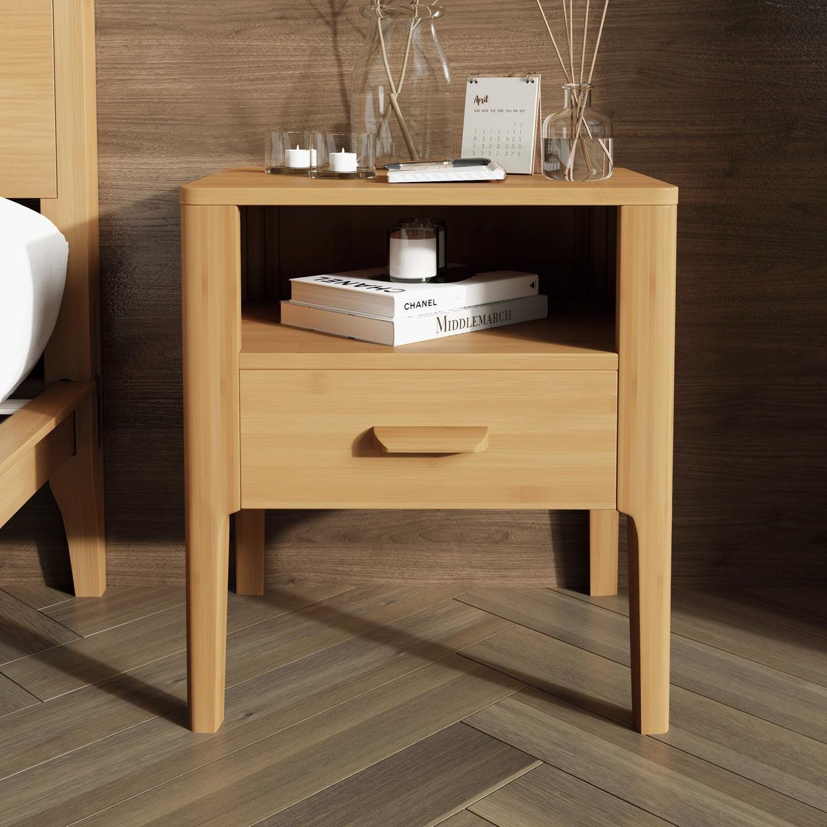 Merax Bamboo Nightstands Set of 2, Night Stands w/Drawer & Shelf, Brown