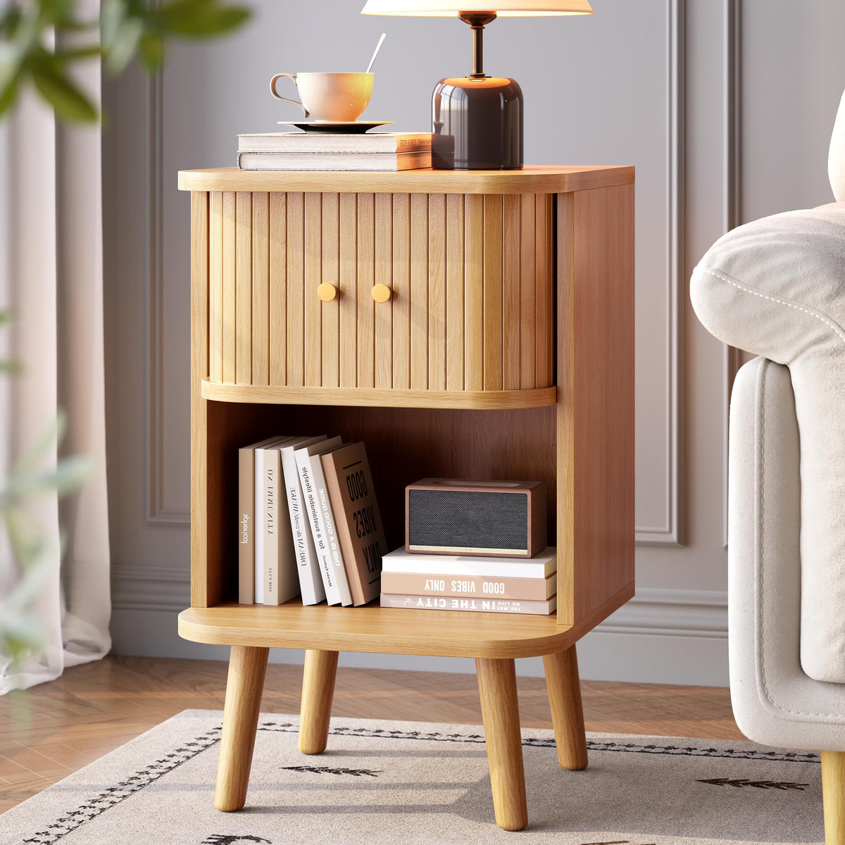 Decofy Fluted Nightstand Set of 2, Charging Station & Sliding Doors, Walnut