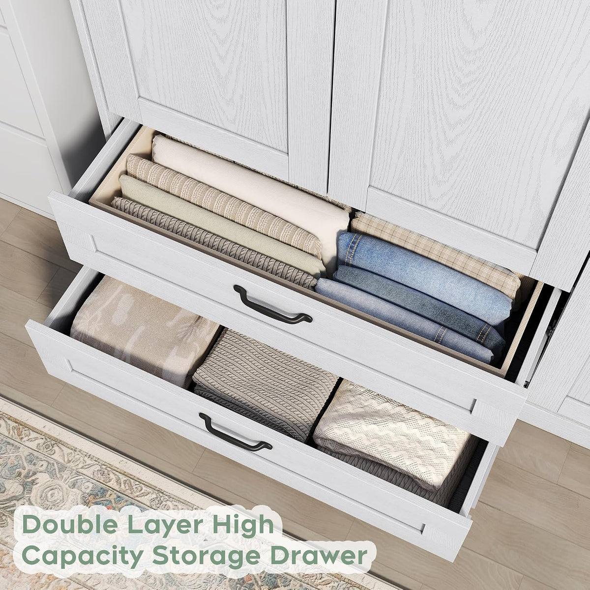 XIAO WEI Armoire Wardrobe Closet with 3 Door, Bedroom Wooden Armoires with Full Length Mirror, Large Clothing Storage Cabinet 2 Drawers, Hanging Rod, Shelves (White, 3 Door)