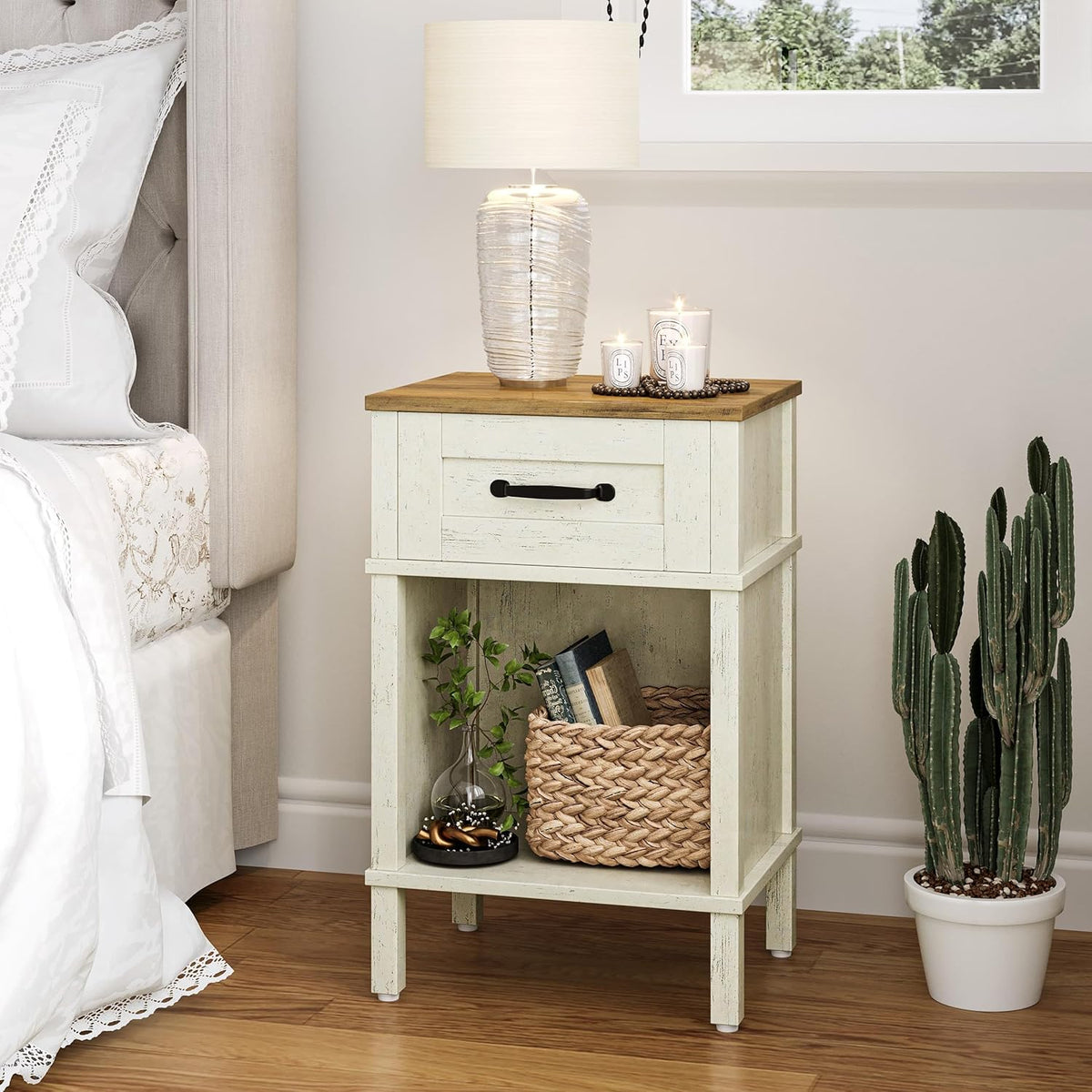White Farmhouse Nightstands, Nightstand with Drawers, Small Bedside Table