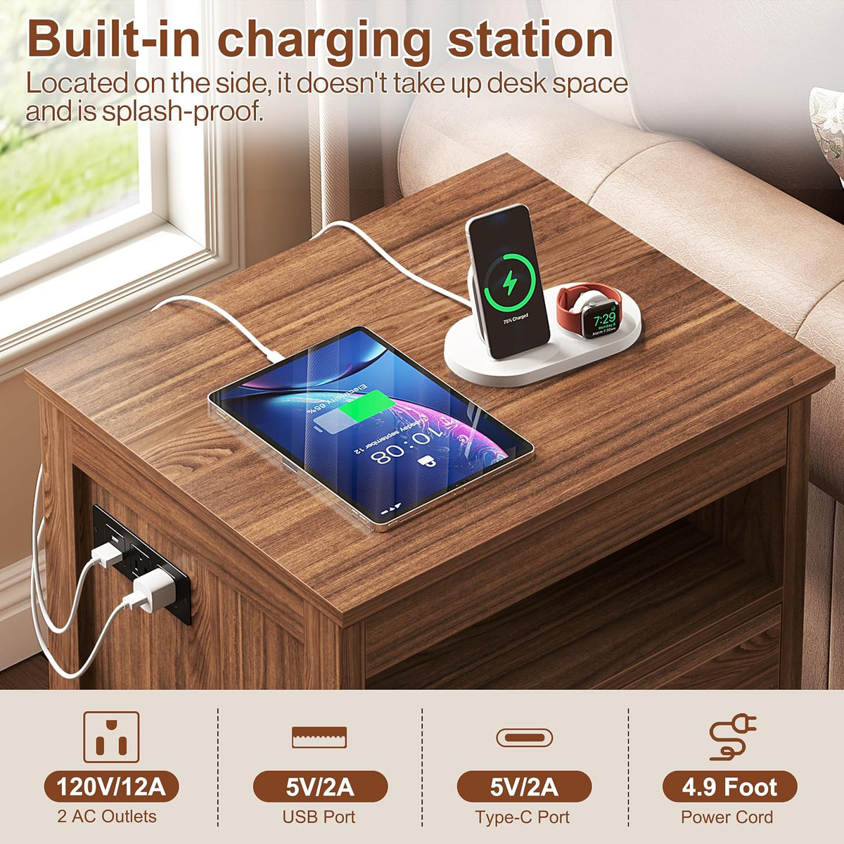 Yusong LED Night Stand with Gun Drawer, Bedside Table with Charging Station, Sofa Couch End Side Table with with 2 Drawers ＆Open Shelf for Bedroom, Brown