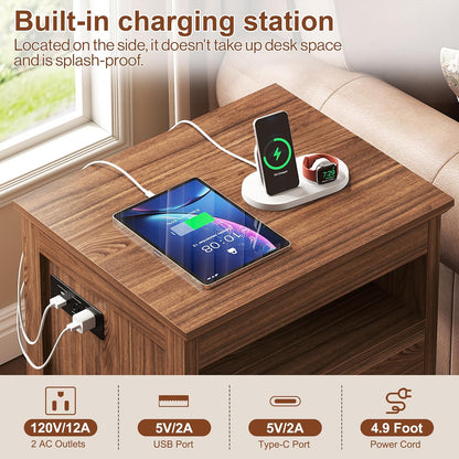 Yusong LED Night Stand with Gun Drawer, Bedside Table with Charging Station, Sofa Couch End Side Table with with 2 Drawers ＆Open Shelf for Bedroom, Brown